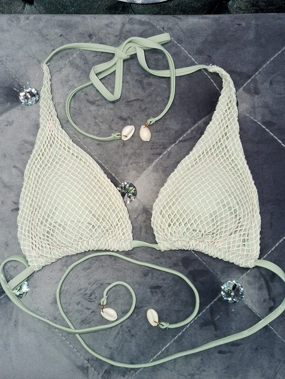 Sage green crochet bikini top beige mesh seashell embellishments size small
